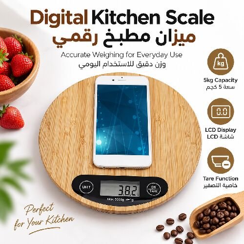 ميزان مطبخ رقمي خشبي بشاشة LCD – سعة 5 كجم