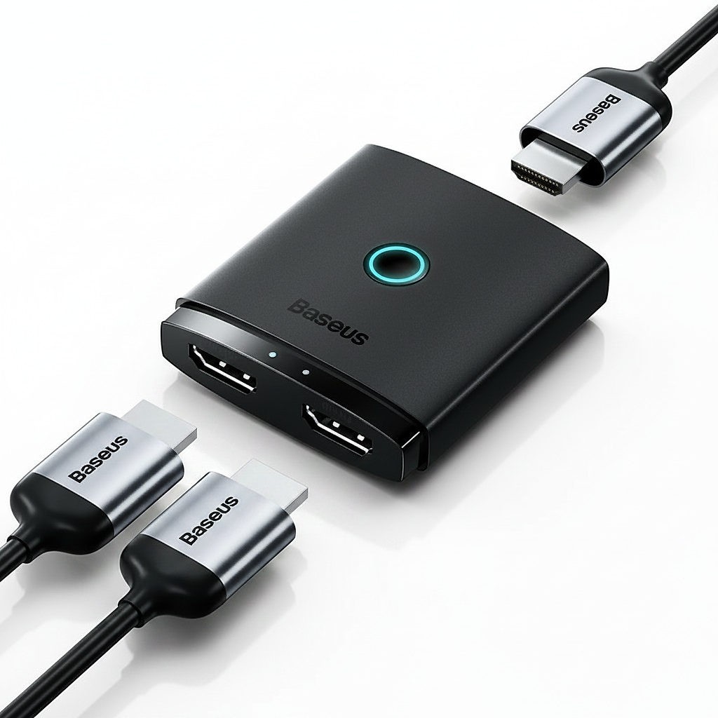 مفتاح HDMI ثنائي الاتجاه 2 في 1 من سلسلة AirJoy من Baseus مع كابل im، مجموعة باللون الأسود