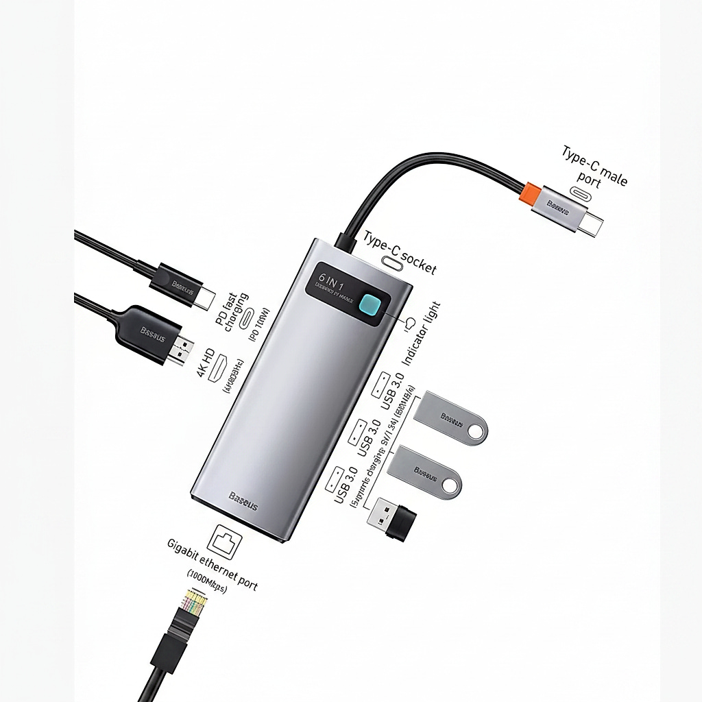 محول Baseus StarJoy 6 منافذ Type-C HUB رمادي
