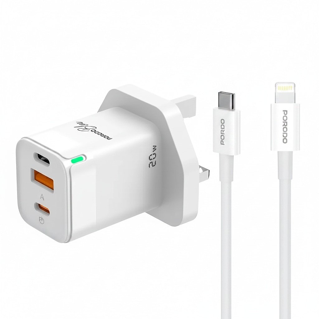 شاحن فائق السرعة من Porodo Blue Ultra-Quick Charger USB-A to USB-C مزود بكابل لايتنينج (1 متر) باللون الأبيض