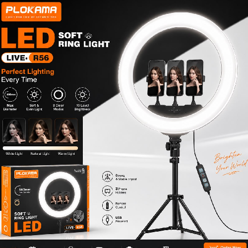 رينج لايت LED احترافي 22 بوصة مع حامل ثلاثي و3 حوامل جوال – PLOKAMA R56