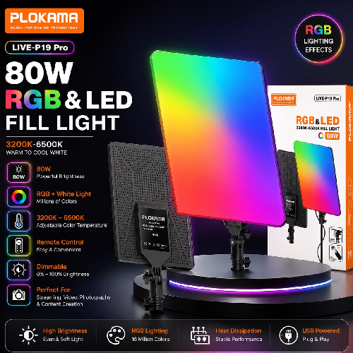 إضاءة تصوير RGB LED احترافية 80 واط للتصوير والبث المباشر واليوتيوب والتيك توك مع ريموت كنترول – PLOKAMA LIVE-P19 Pro